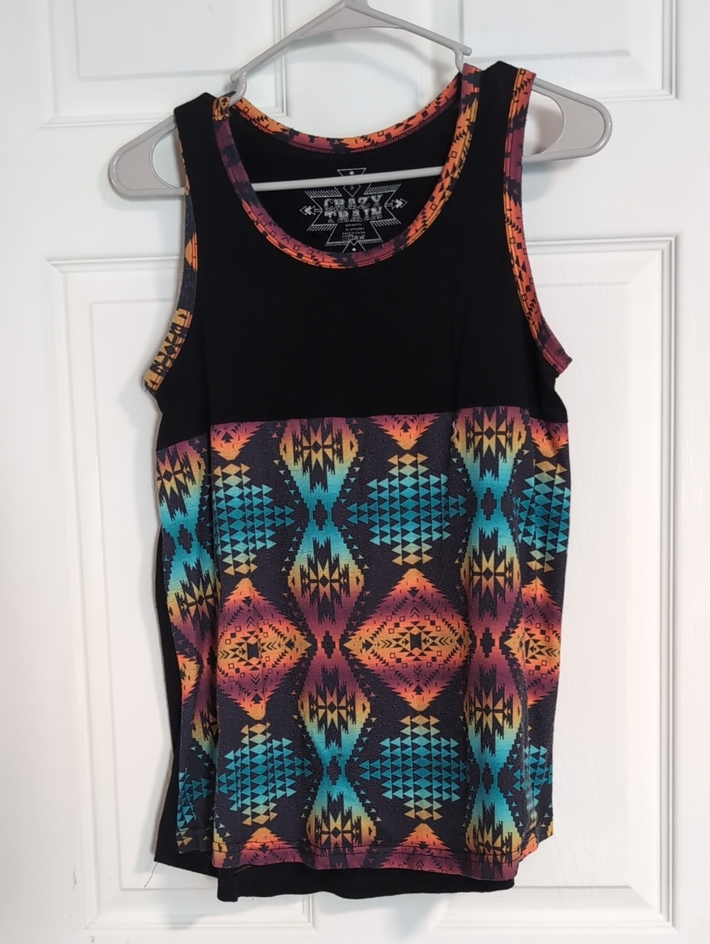 Crazy Train Black Tank with Turquoise Orange & Pink Aztec Print